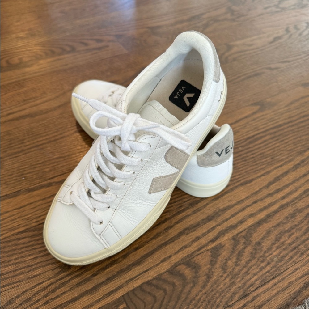 Veja White Leather Sneakers with Light Gray Suede Accents